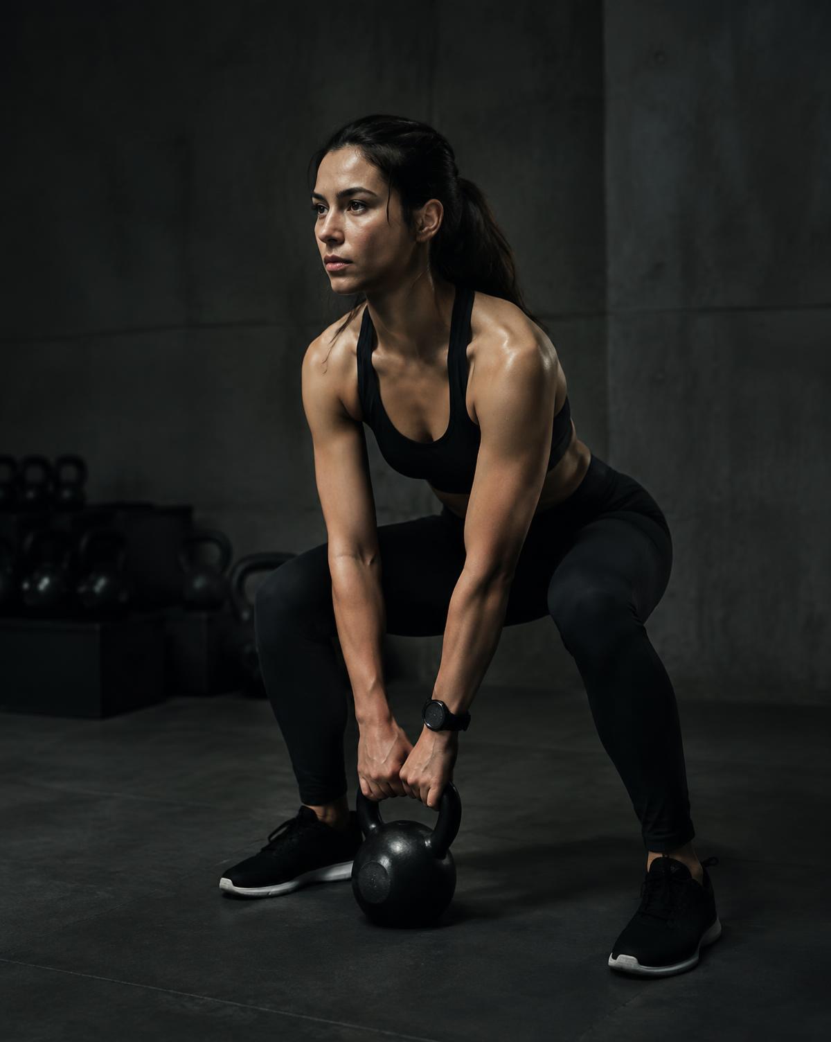 Mulher treinando com kettlebell usando relógio esportivo